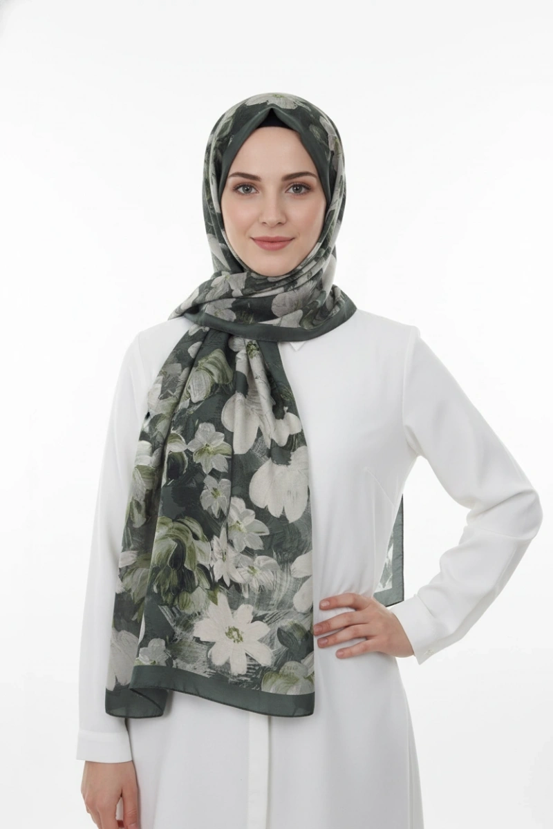 Flora Model Retro Desen Şal - Haki Yeşil