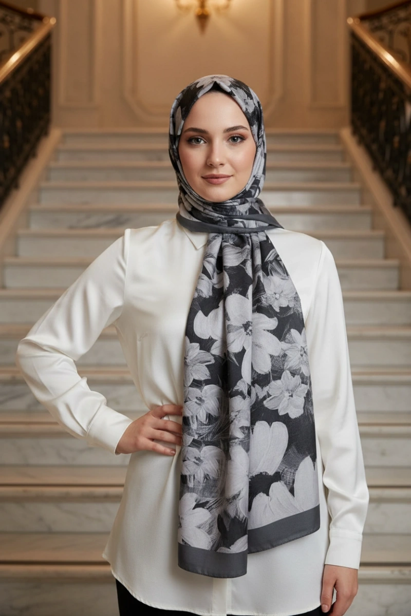 Flora Model Retro Desen Şal - Gri Siyah