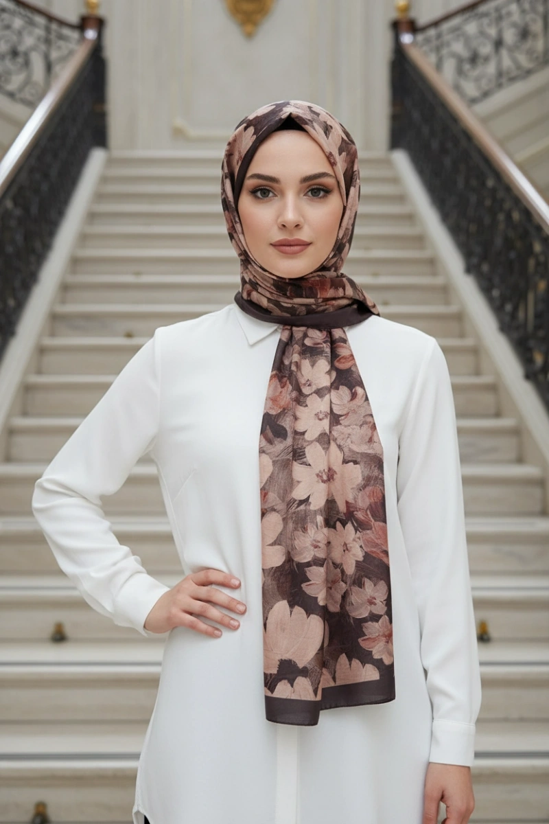 Flora Model Retro Desen Şal - Kahverengi