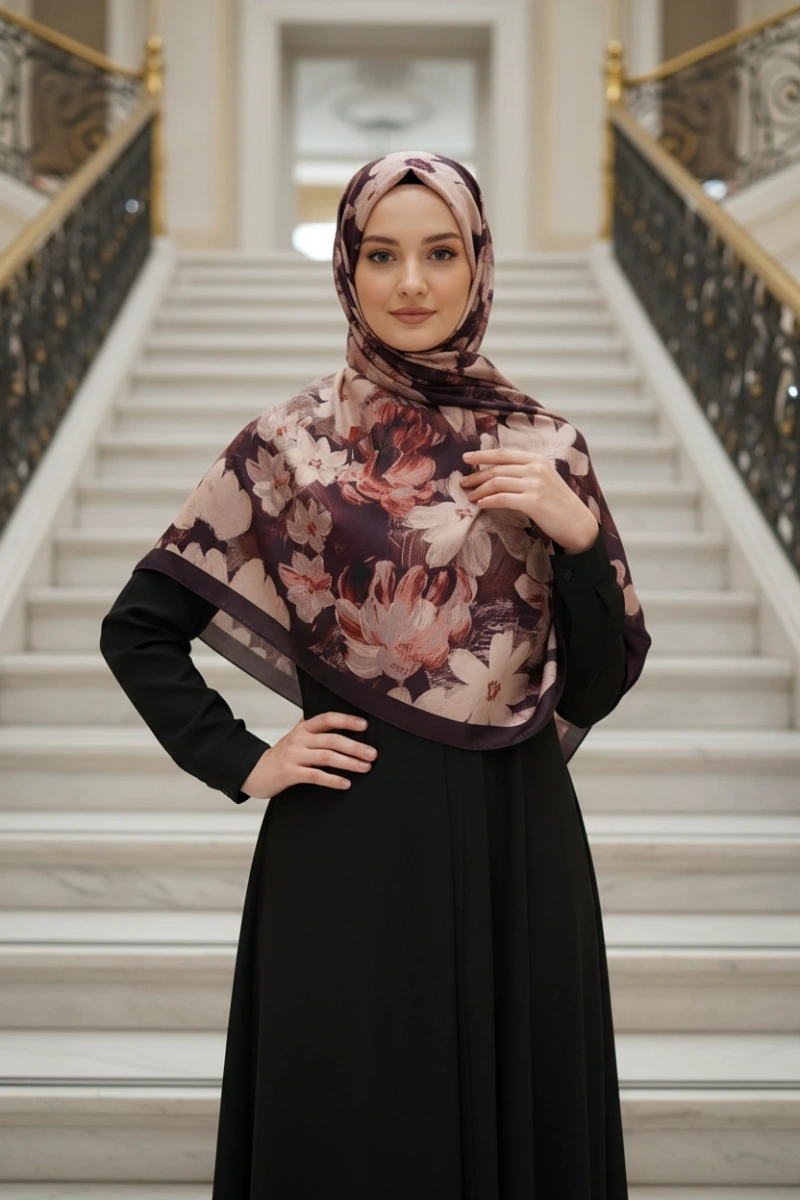 Flora Model Retro Desen Şal - Koyu Mor Kahve