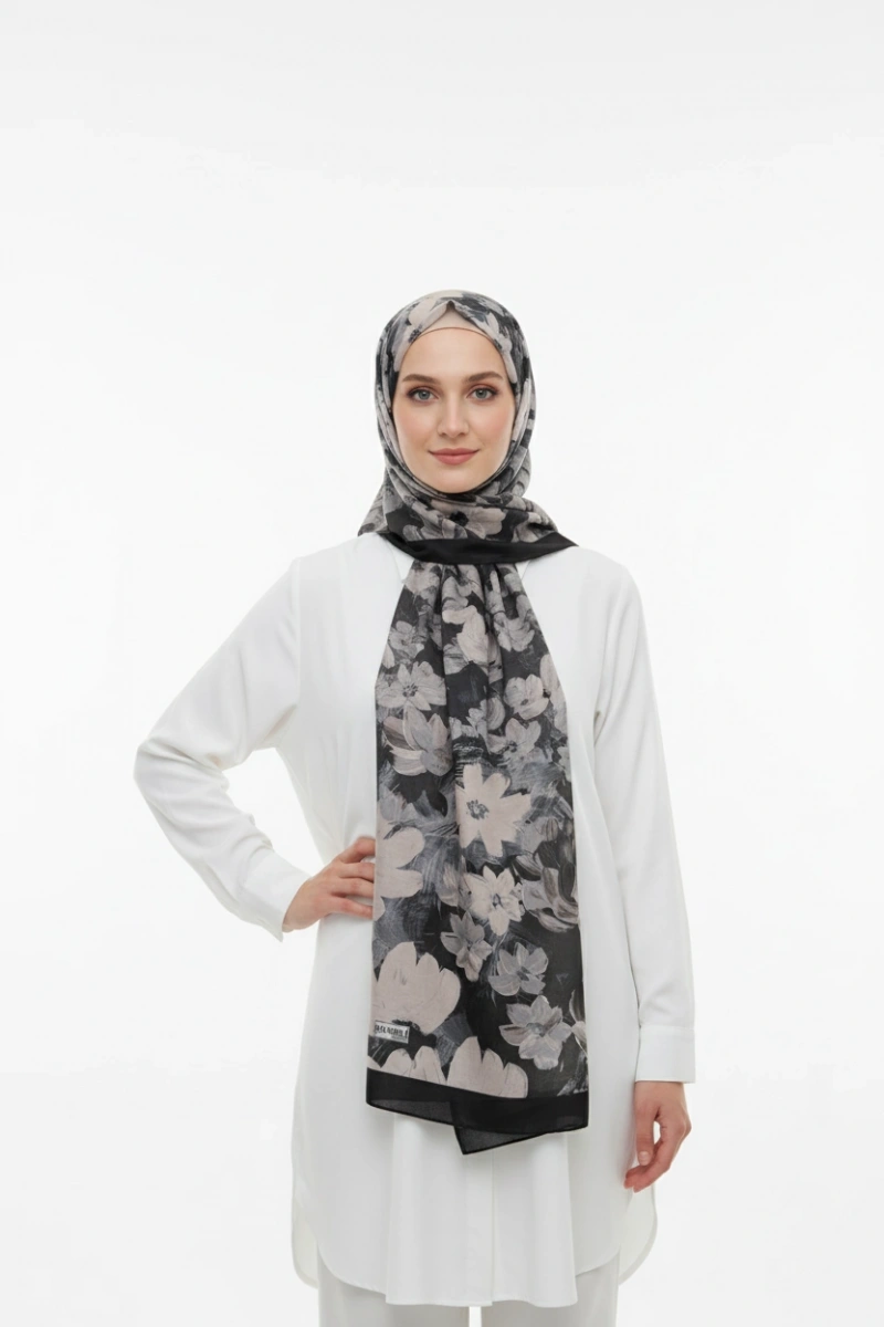 Flora Model Retro Desen Şal - Siyah Beyaz
