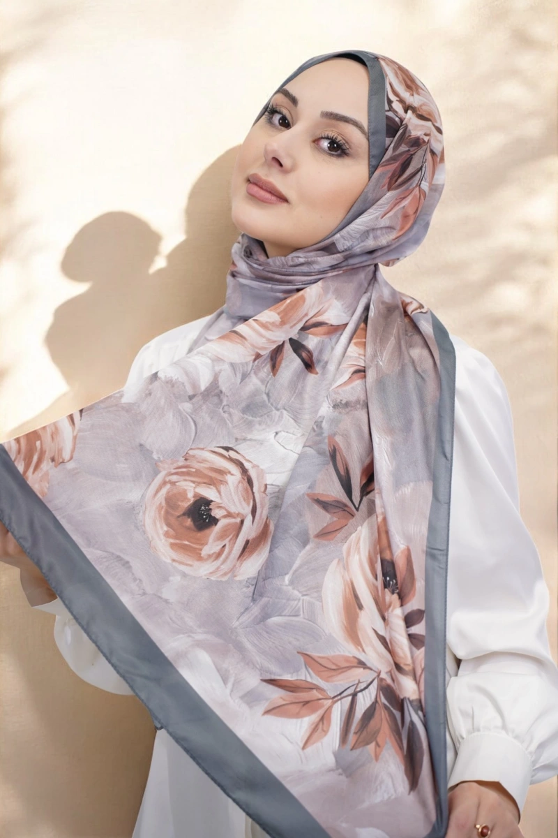 Gül Desen Retro Şal - Gri
