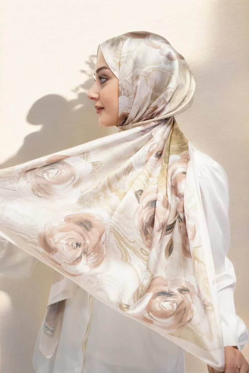 Gül Desen Retro Şal - Krem