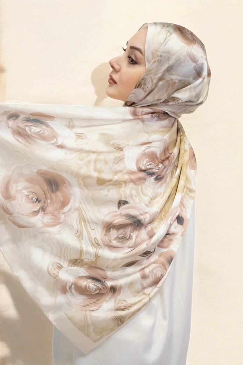 Gül Desen Retro Şal - Krem