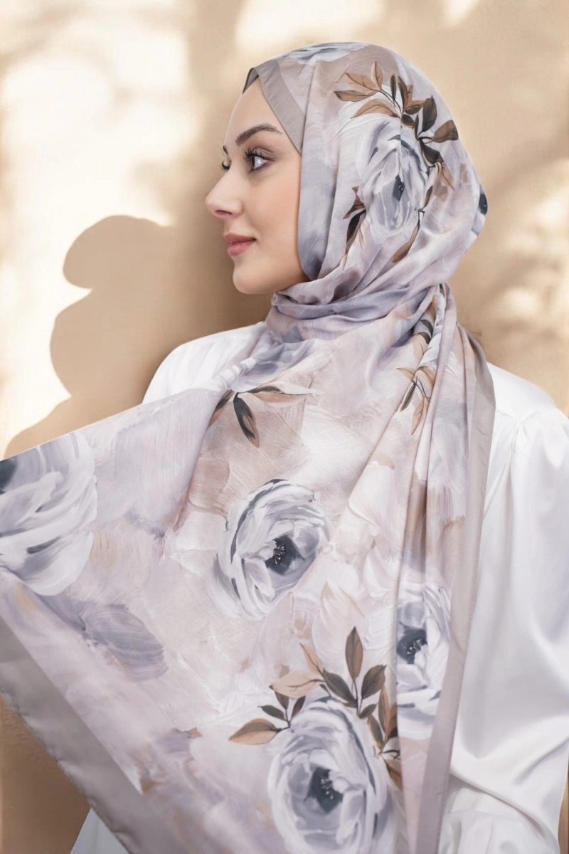 Gül Desen Retro Şal - Vizon