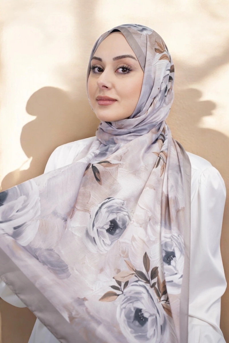 Gül Desen Retro Şal - Vizon