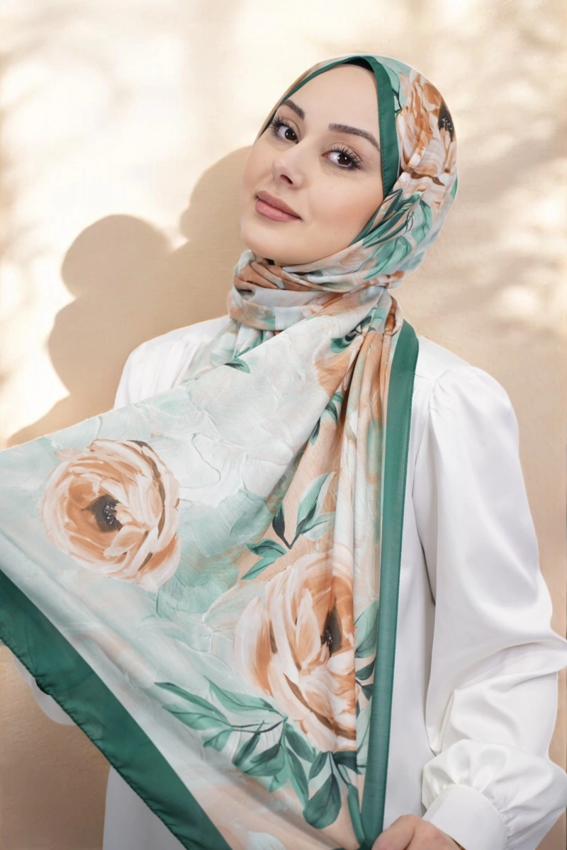 Gül Desen Retro Şal - Yeşil