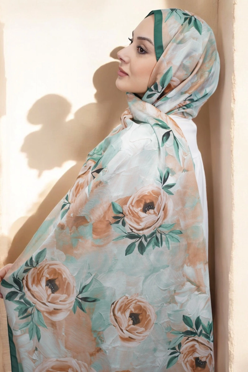 Gül Desen Retro Şal - Yeşil