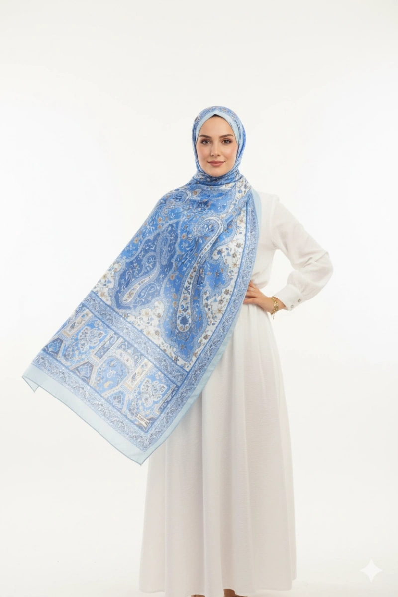 Kapadokya Model Retro Desen Şal - Bebe mavisi