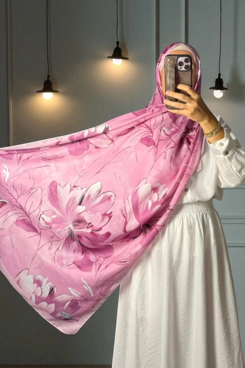 Roza Model Retro Desen Şal - Pembe