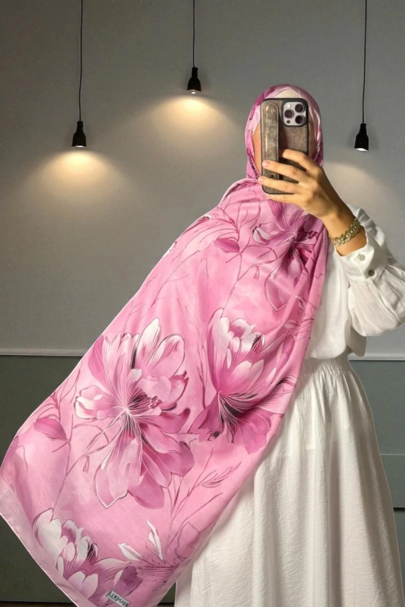 Roza Model Retro Desen Şal - Pembe