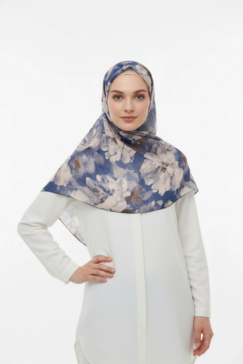 Lacivert Serisi Pamuk El Dikişli Eşarp - 1