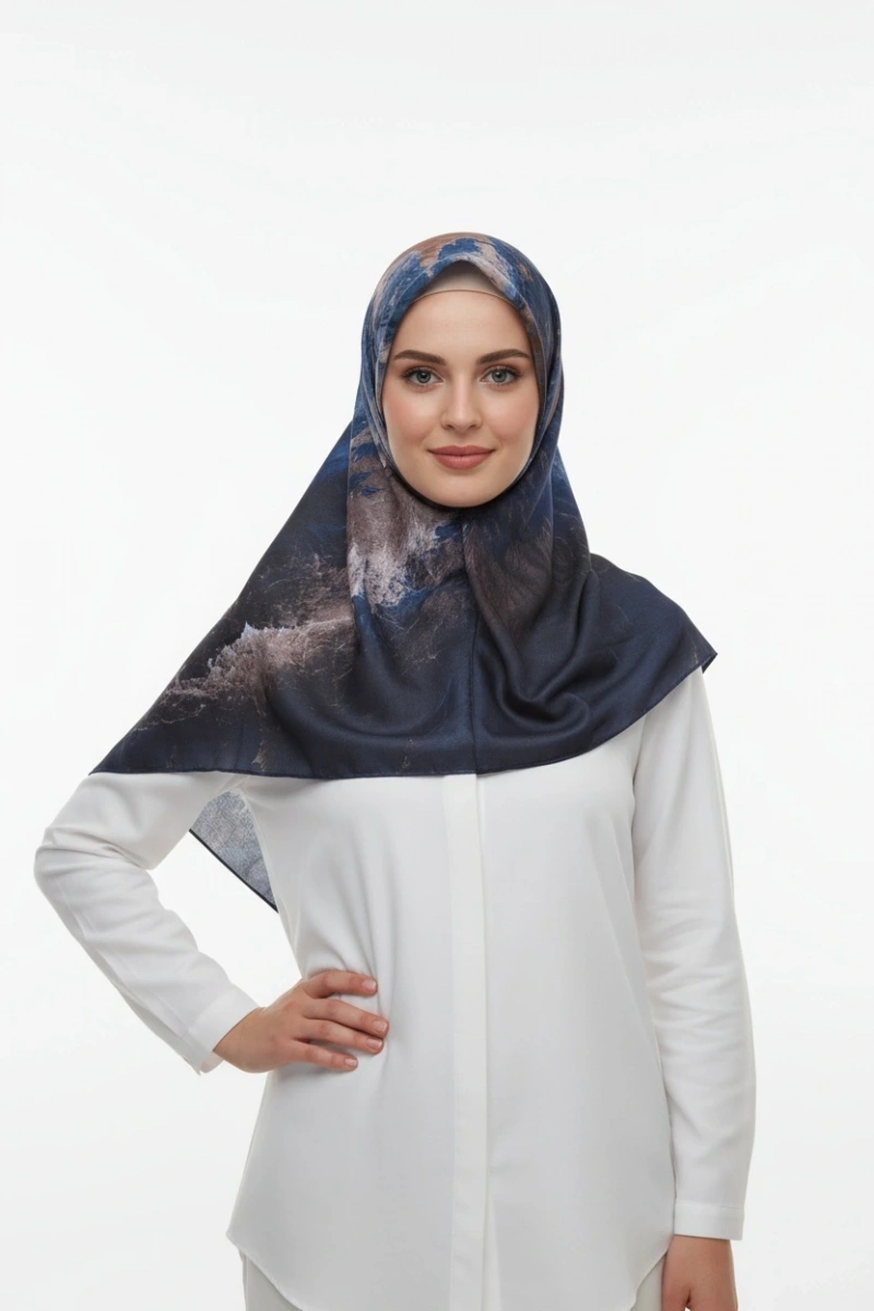 Lacivert Serisi Pamuk El Dikişli Eşarp - 10