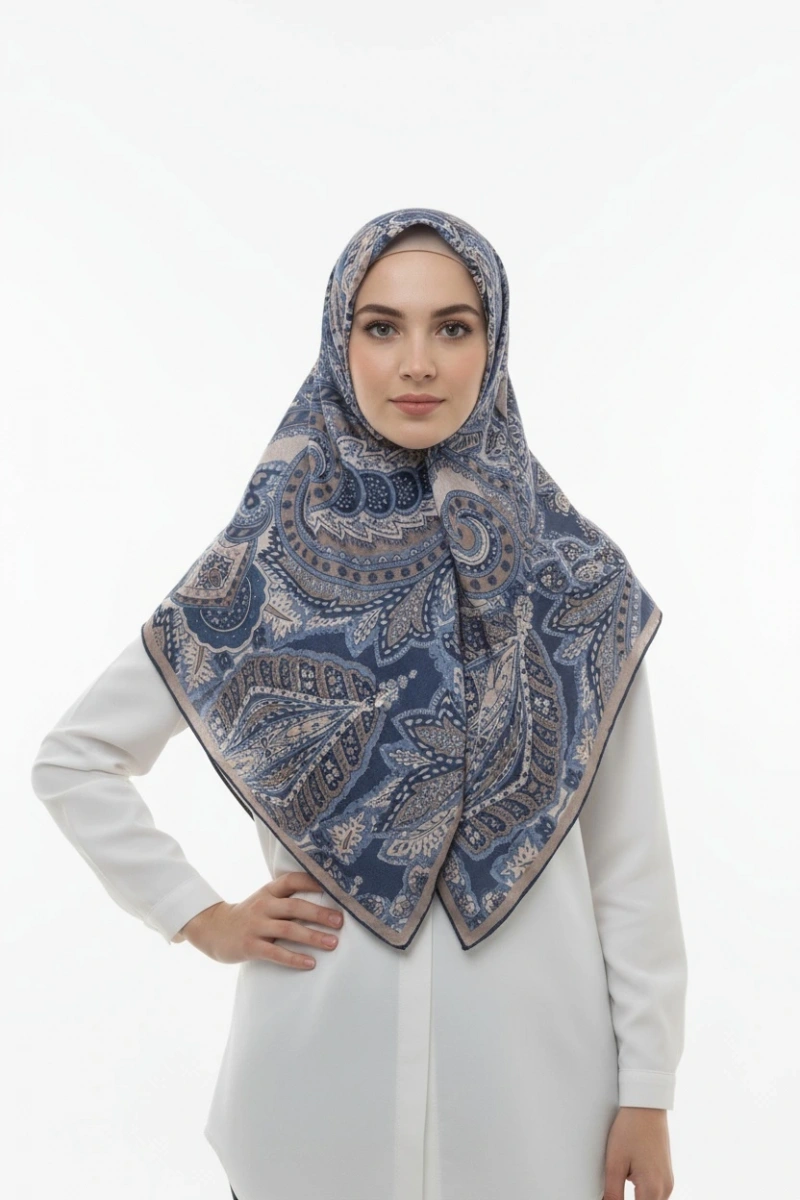 Lacivert Serisi Pamuk El Dikişli Eşarp - 2