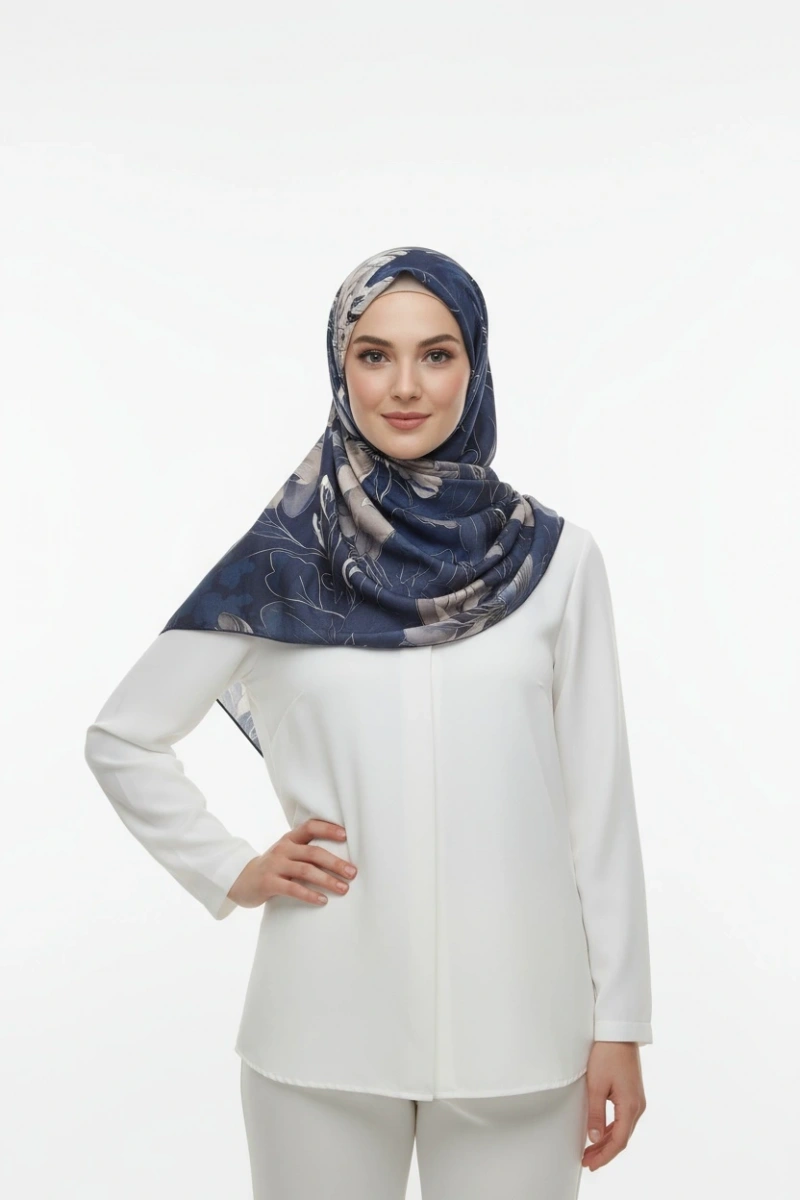 Lacivert Serisi Pamuk El Dikişli Eşarp - 5