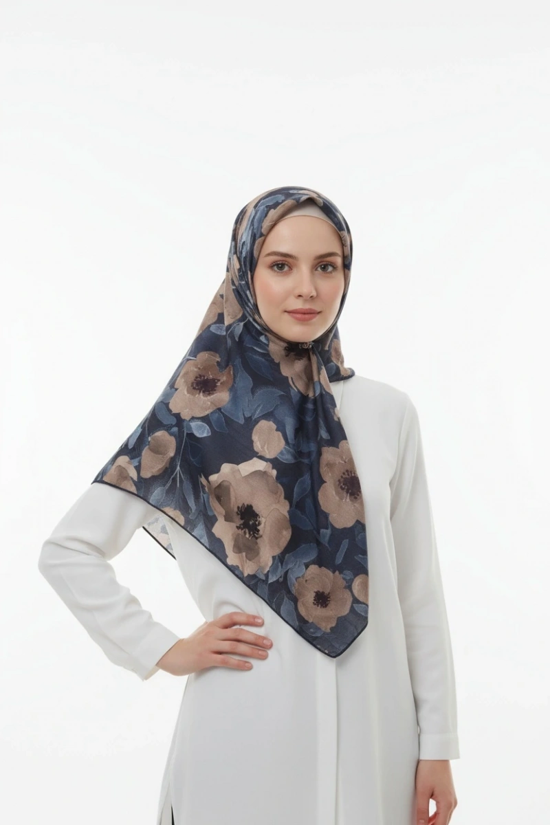 Lacivert Serisi Pamuk El Dikişli Eşarp - 7