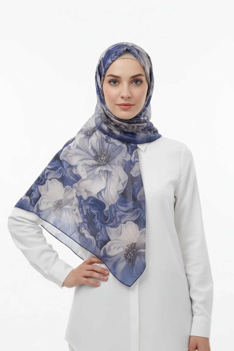 Lacivert Serisi Pamuk El Dikişli Eşarp - 9