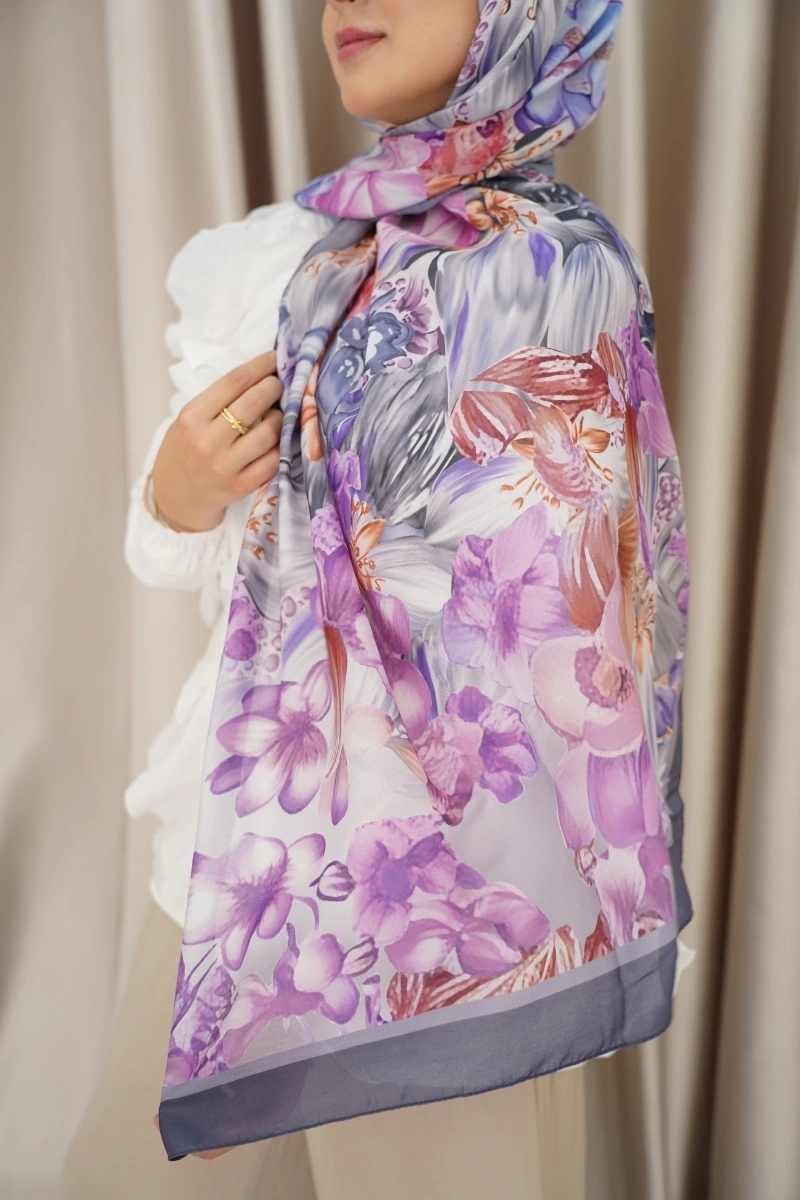 Lavanta Model Retro Desen Şal - Gri-Lila