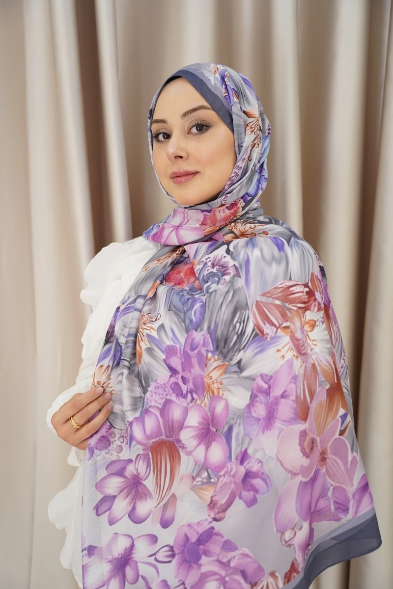 Lavanta Model Retro Desen Şal - Gri-Lila