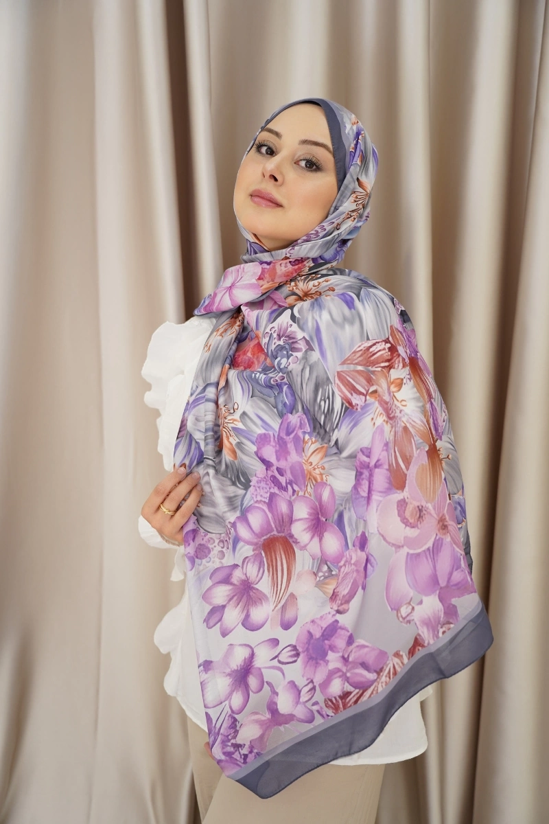 Lavanta Model Retro Desen Şal - Gri-Lila