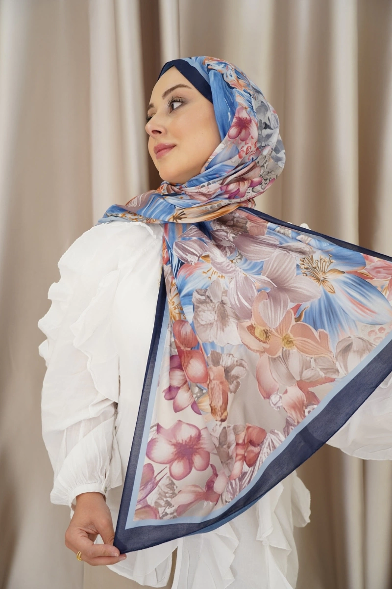 Lavanta Model Retro Desen Şal - Lacivert-Pembe