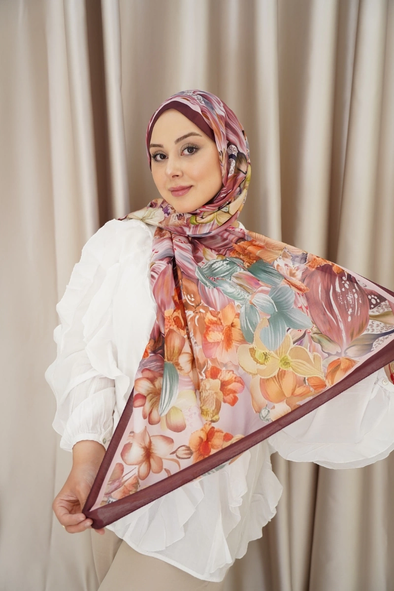 Lavanta Model Retro Desen Şal - Bordo kahve