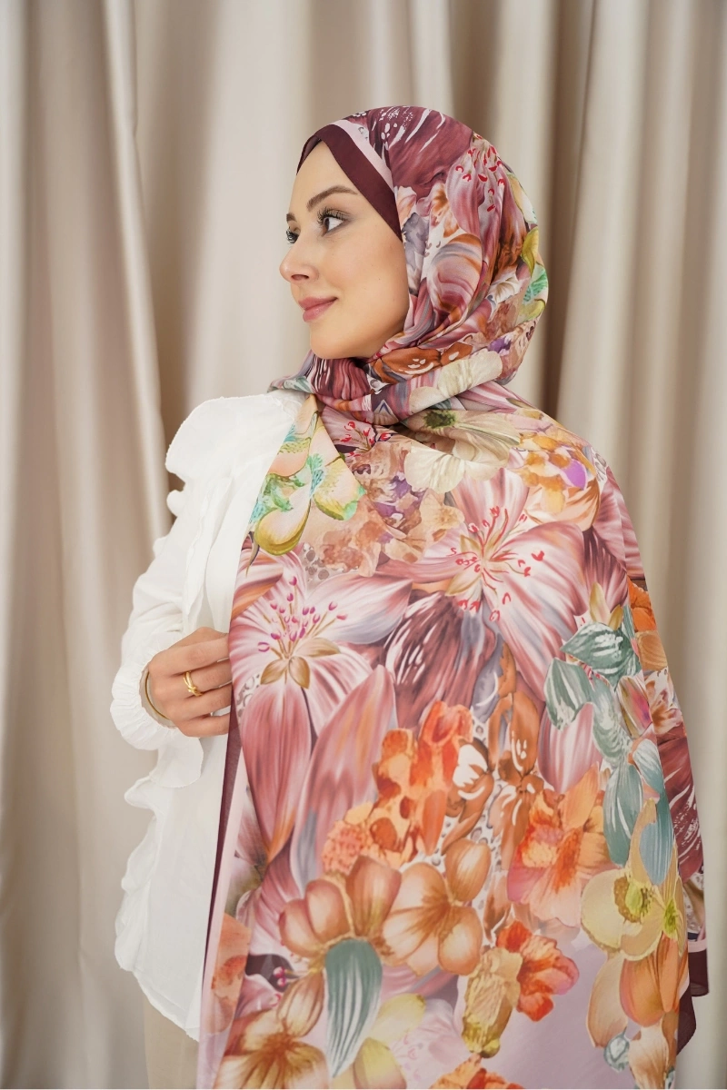 Lavanta Model Retro Desen Şal - Bordo kahve