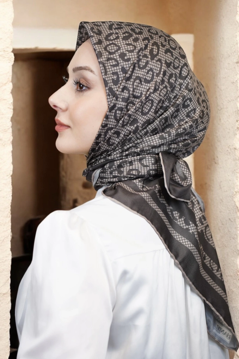 Leopar Desen Eşarp Pamuk Soft - Antrasit