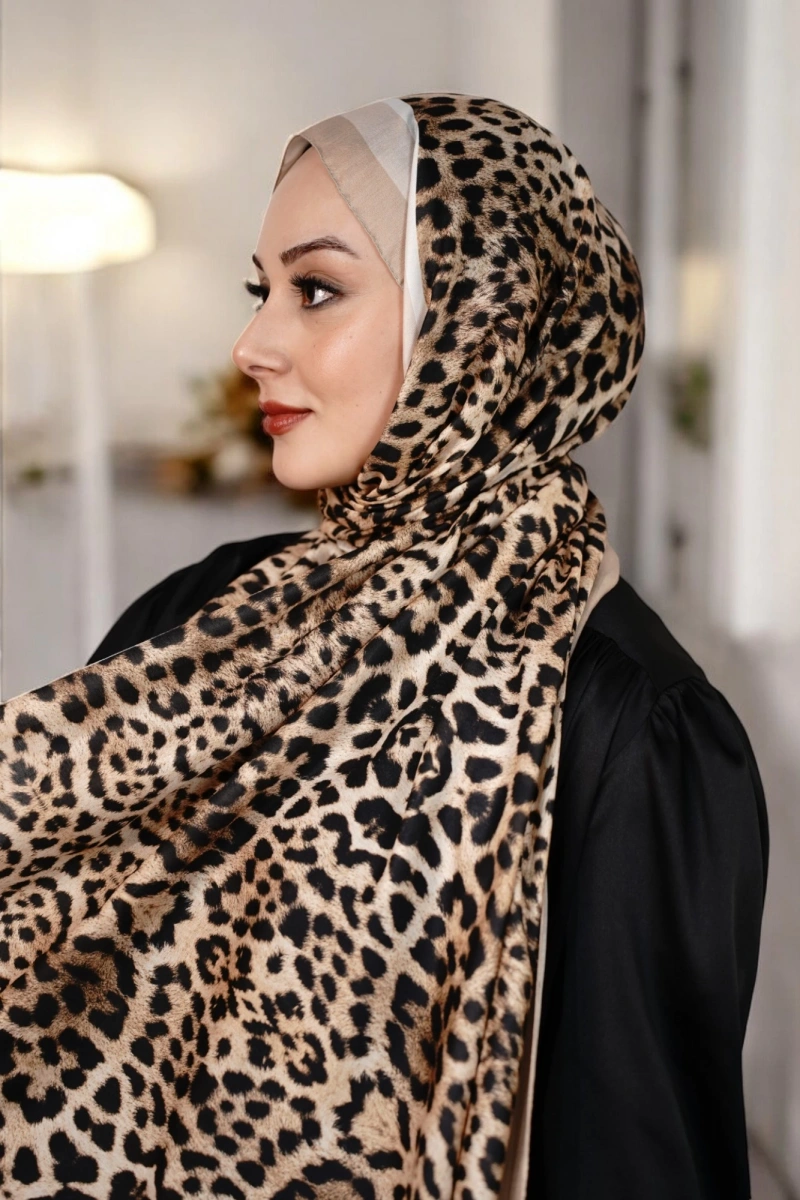 Leopar Desen Şal - Kahve Ekru