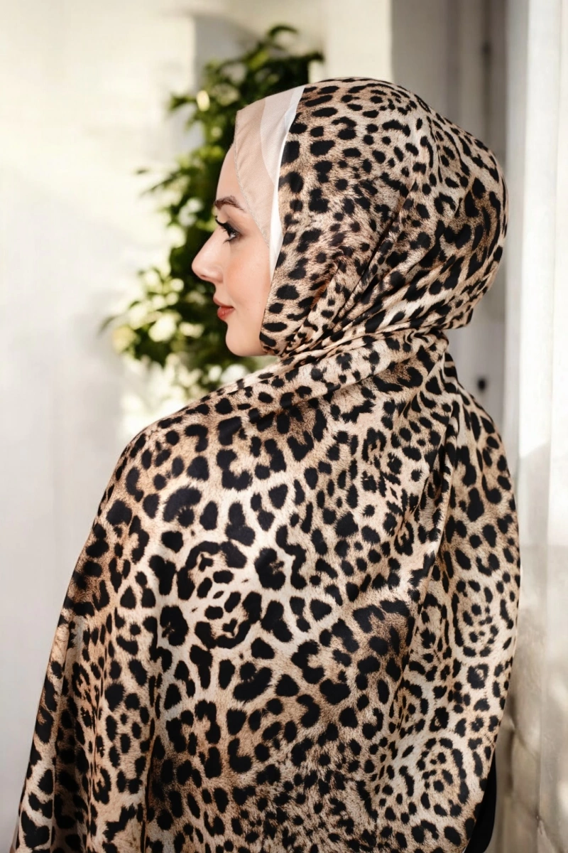 Leopar Desen Şal - Kahve Ekru