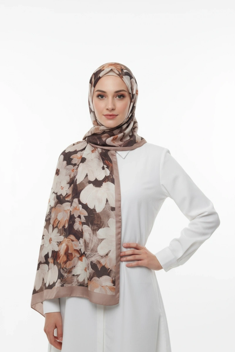 Flora Model Retro Desen Şal - Vizon Kahve