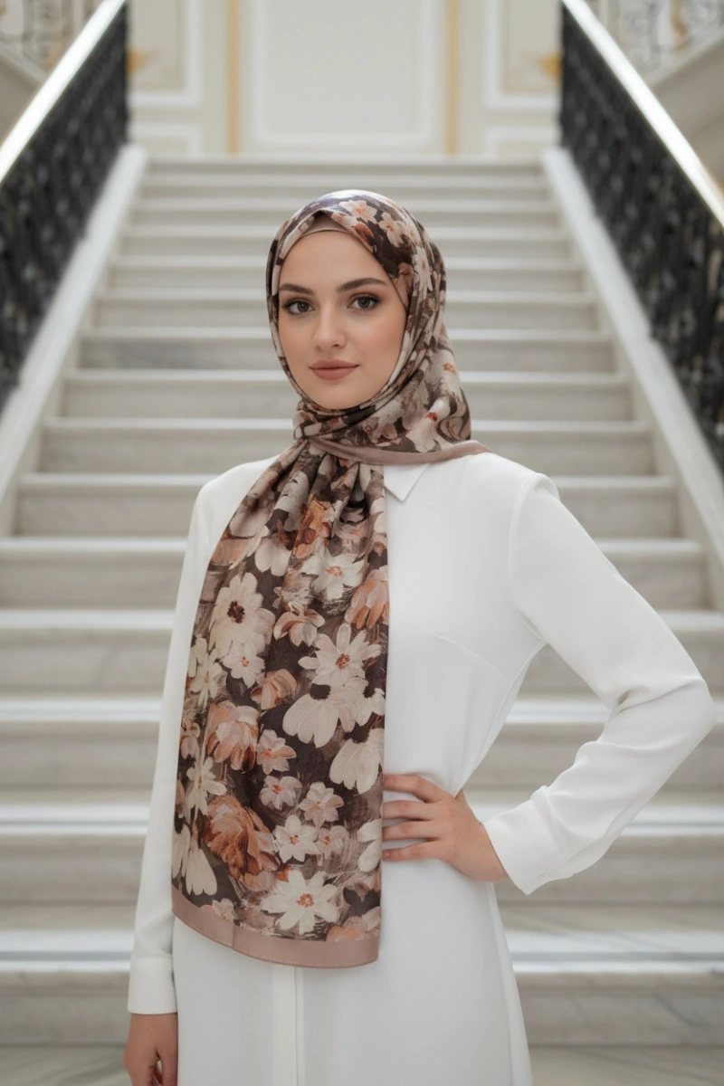 Flora Model Retro Desen Şal - Vizon Kahve