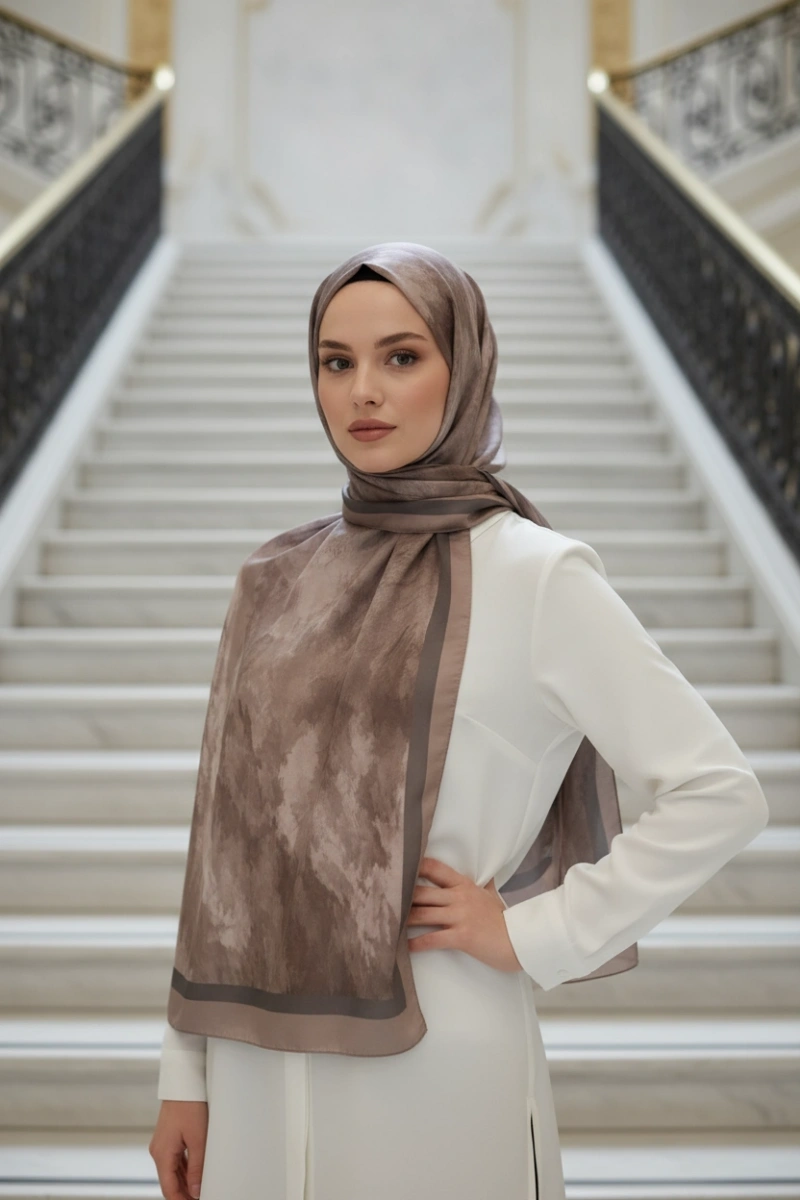 Nova Model Retro Desen Şal - Koyu Vizon