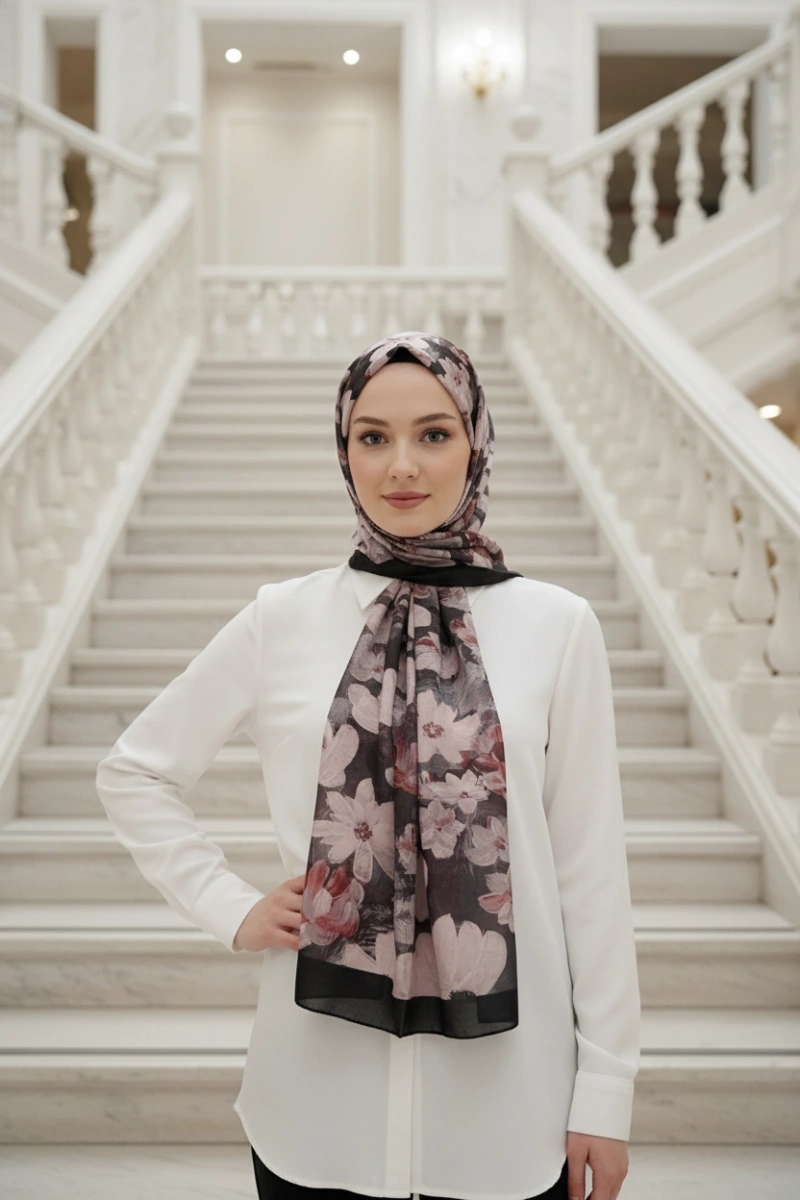 Flora Model Retro Desen Şal - Siyah Bordo