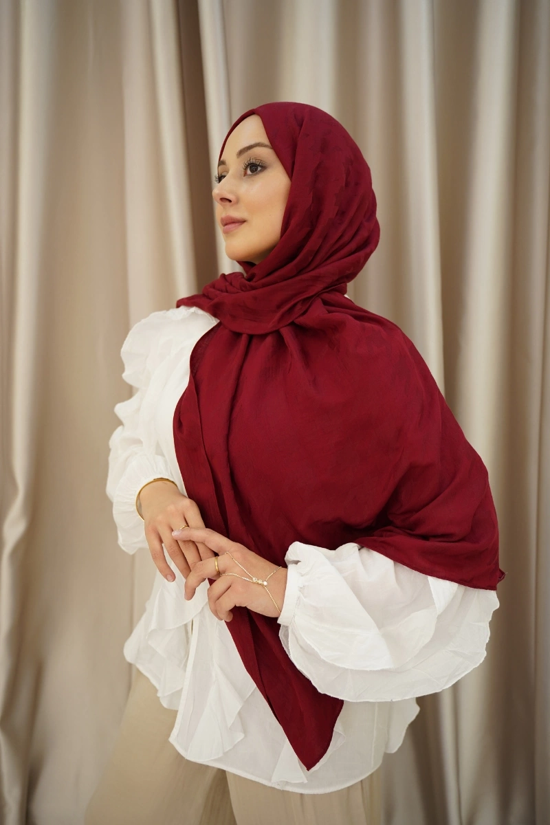 Organik İpek Pamuk Jakar Şal - Kazayağı Bordo