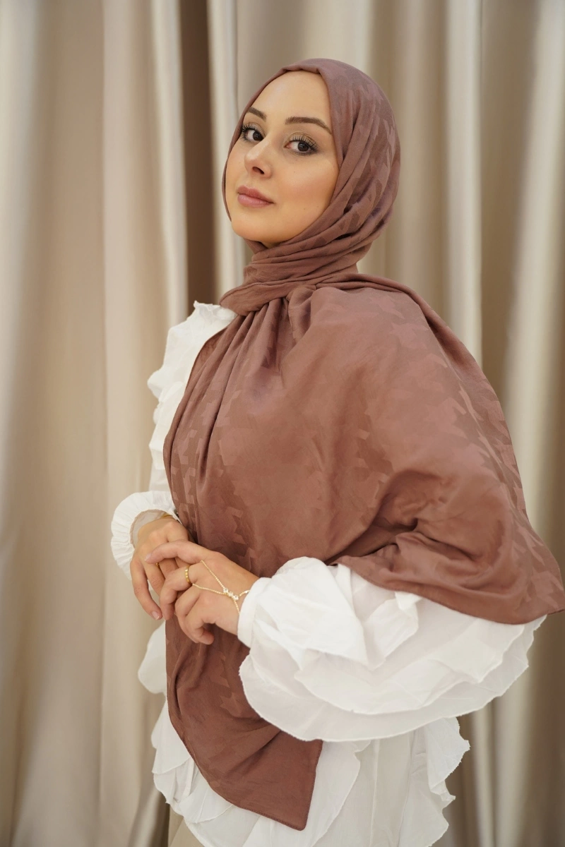 Organik İpek Pamuk Jakar Şal - Kazayağı Gül kurusu