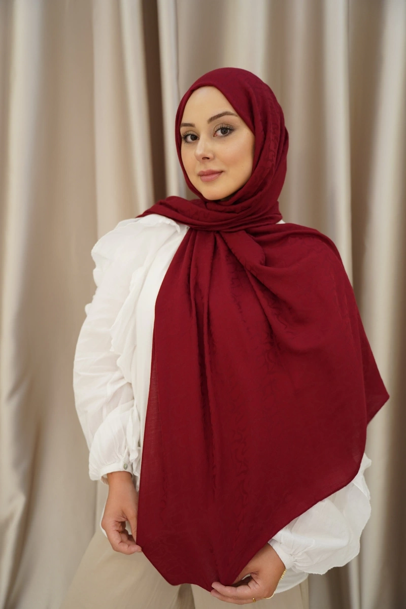 Organik İpek Pamuk Jakar Şal - Royal Bordo