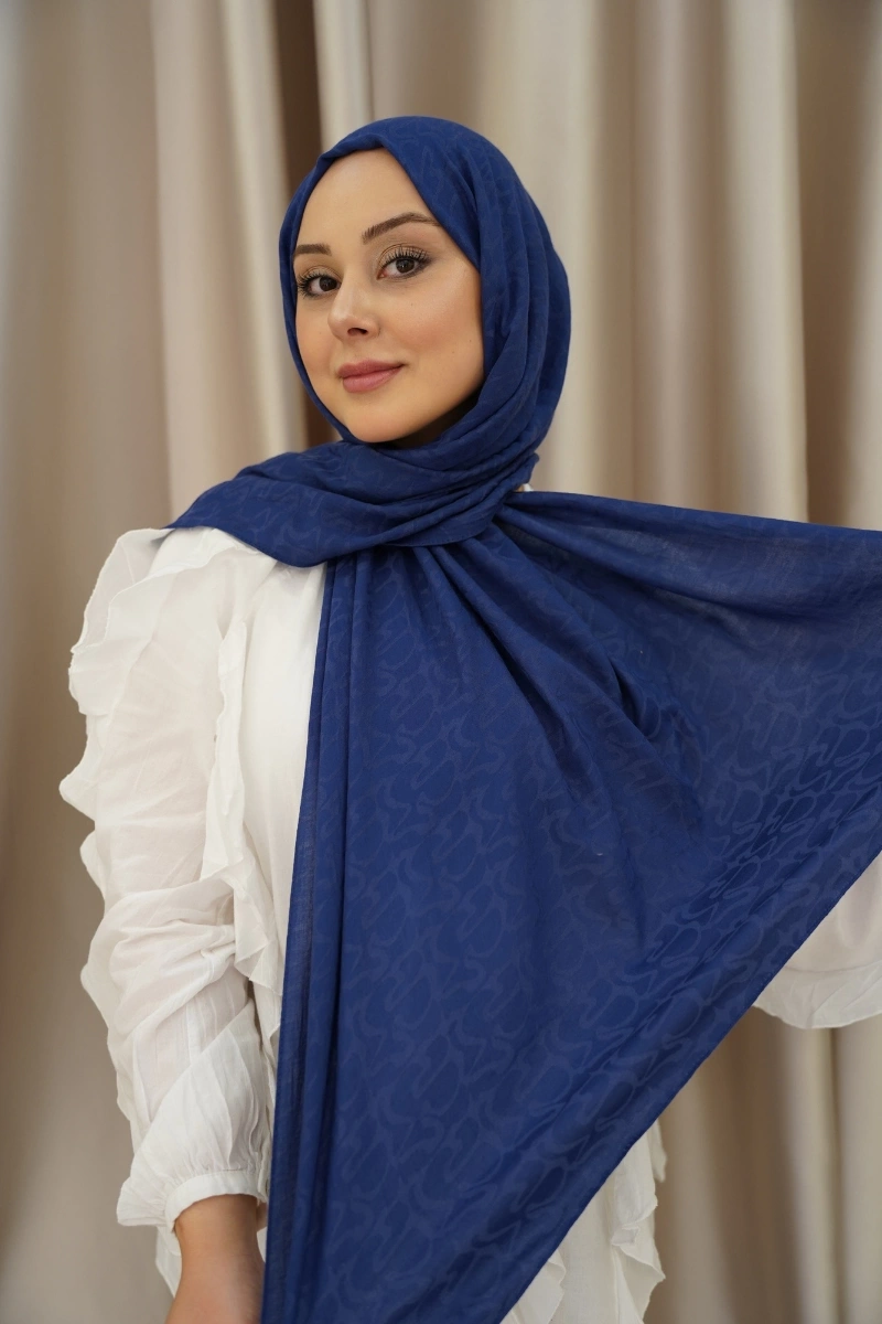 Organik İpek Pamuk Jakar Şal - Royal Lacivert