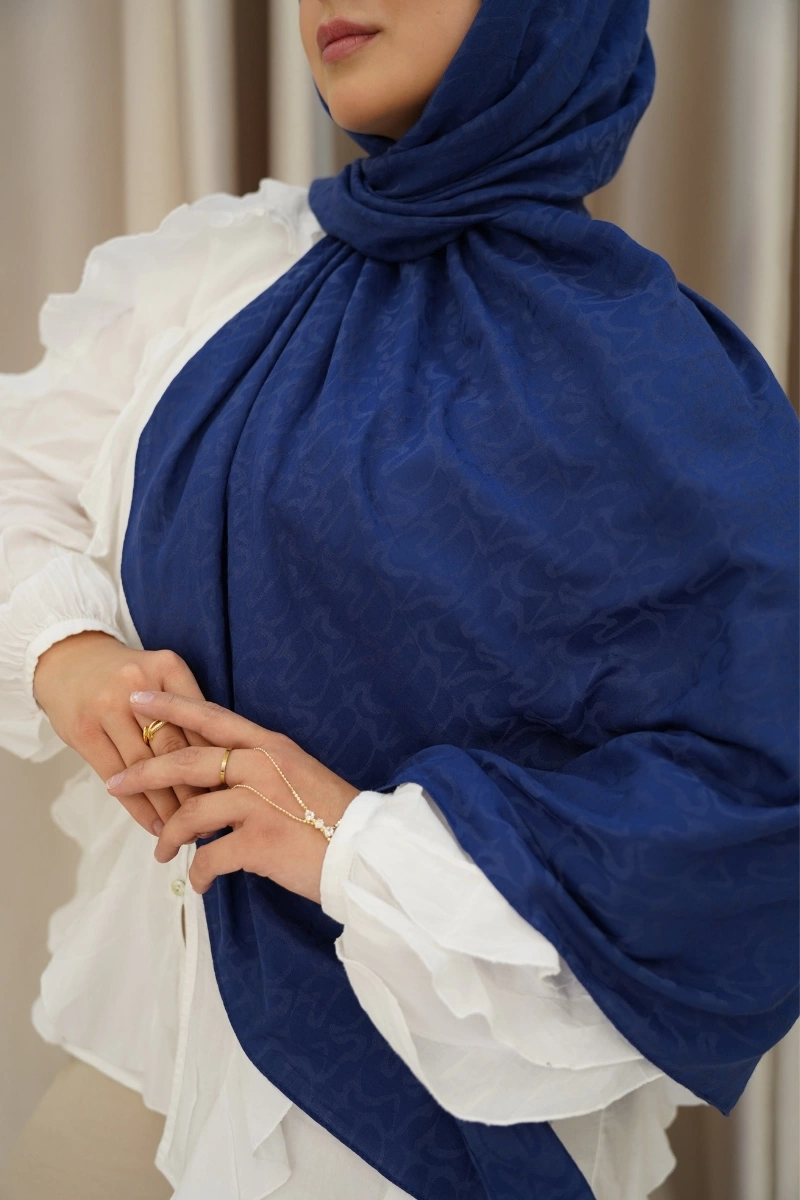 Organik İpek Pamuk Jakar Şal - Royal Lacivert