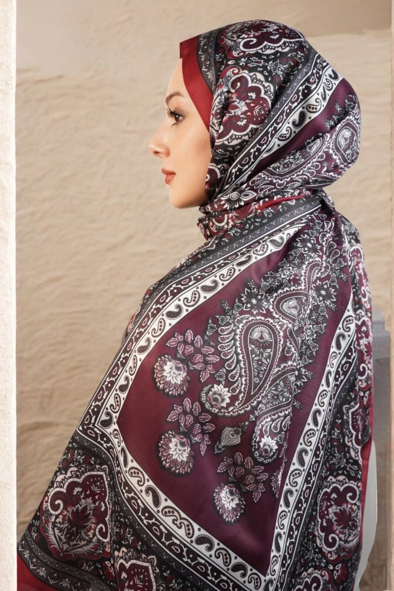 Oslo Model Retro Desen Şal - Bordo