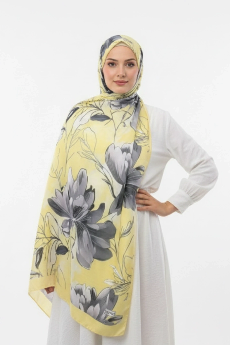 Roza Model Retro Desen Şal - Sarı
