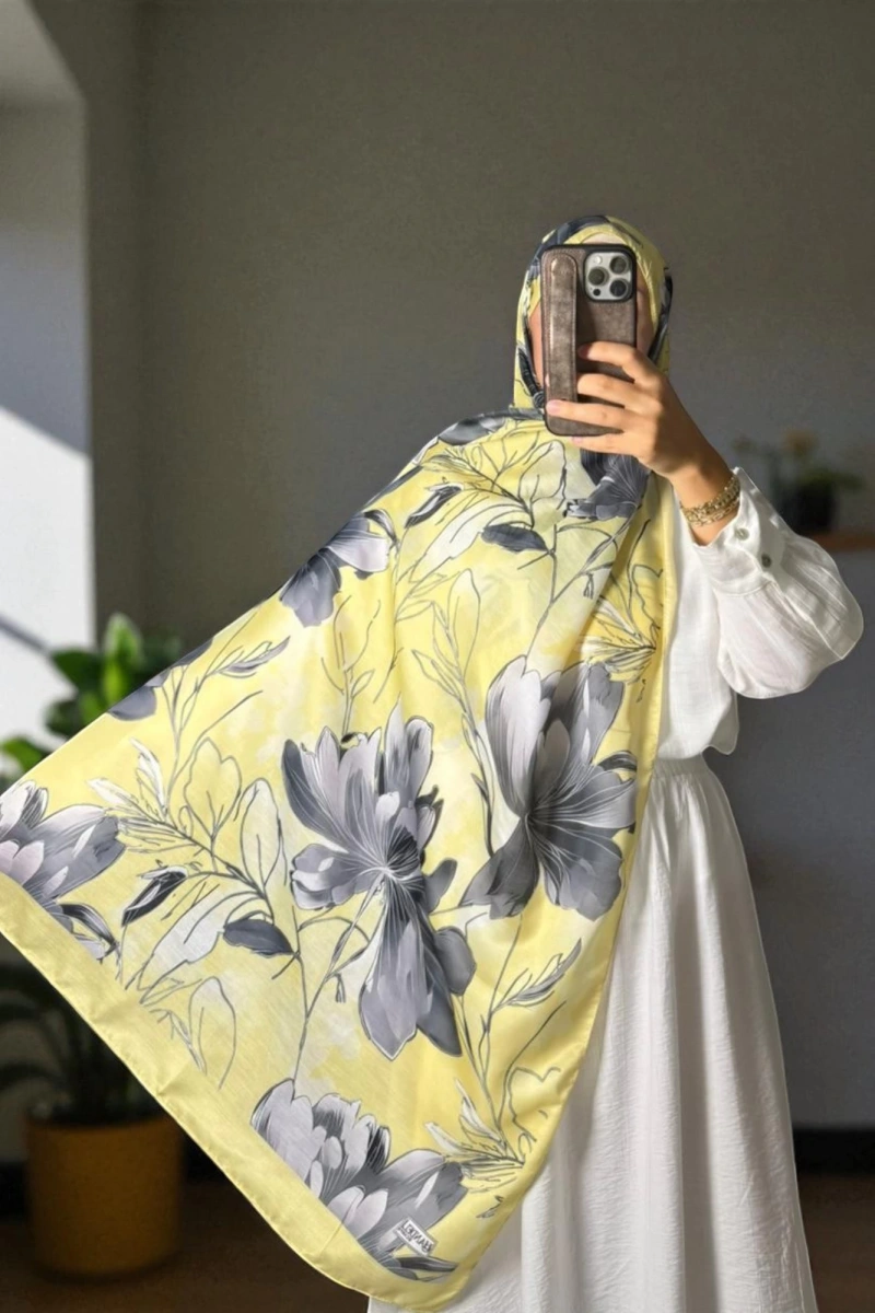 Roza Model Retro Desen Şal - Sarı