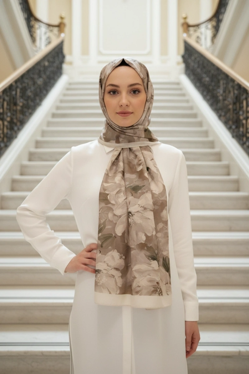 Sedef Model Retro Desen Şal - Bej