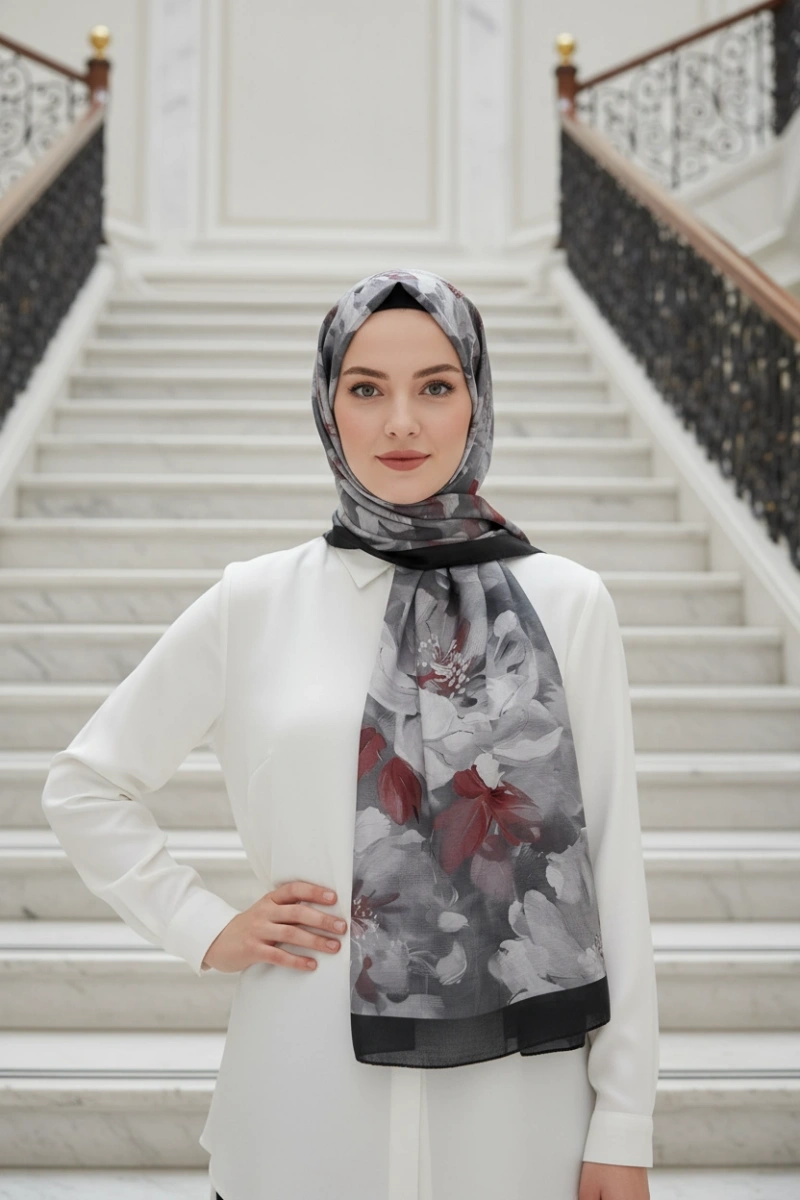 Sedef Model Retro Desen Şal - Siyah Gri