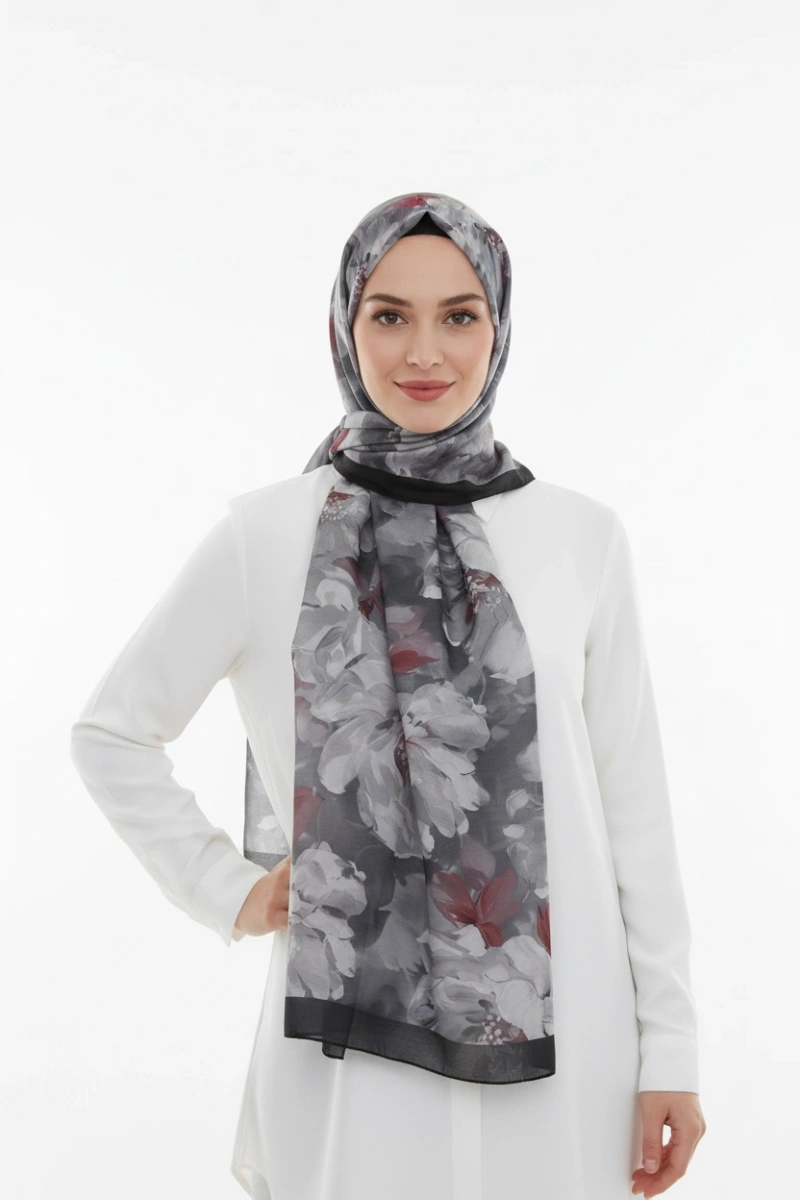 Sedef Model Retro Desen Şal - Siyah Gri