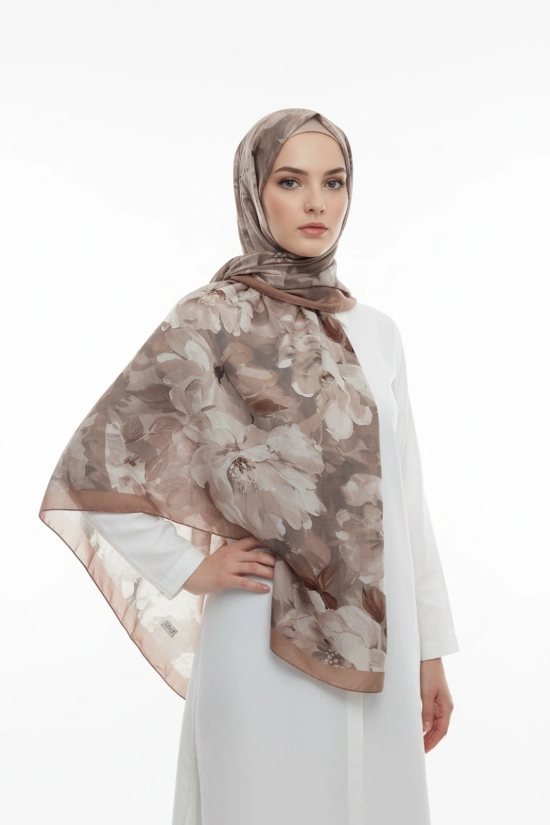 Sedef Model Retro Desen Şal - Kahve Bej