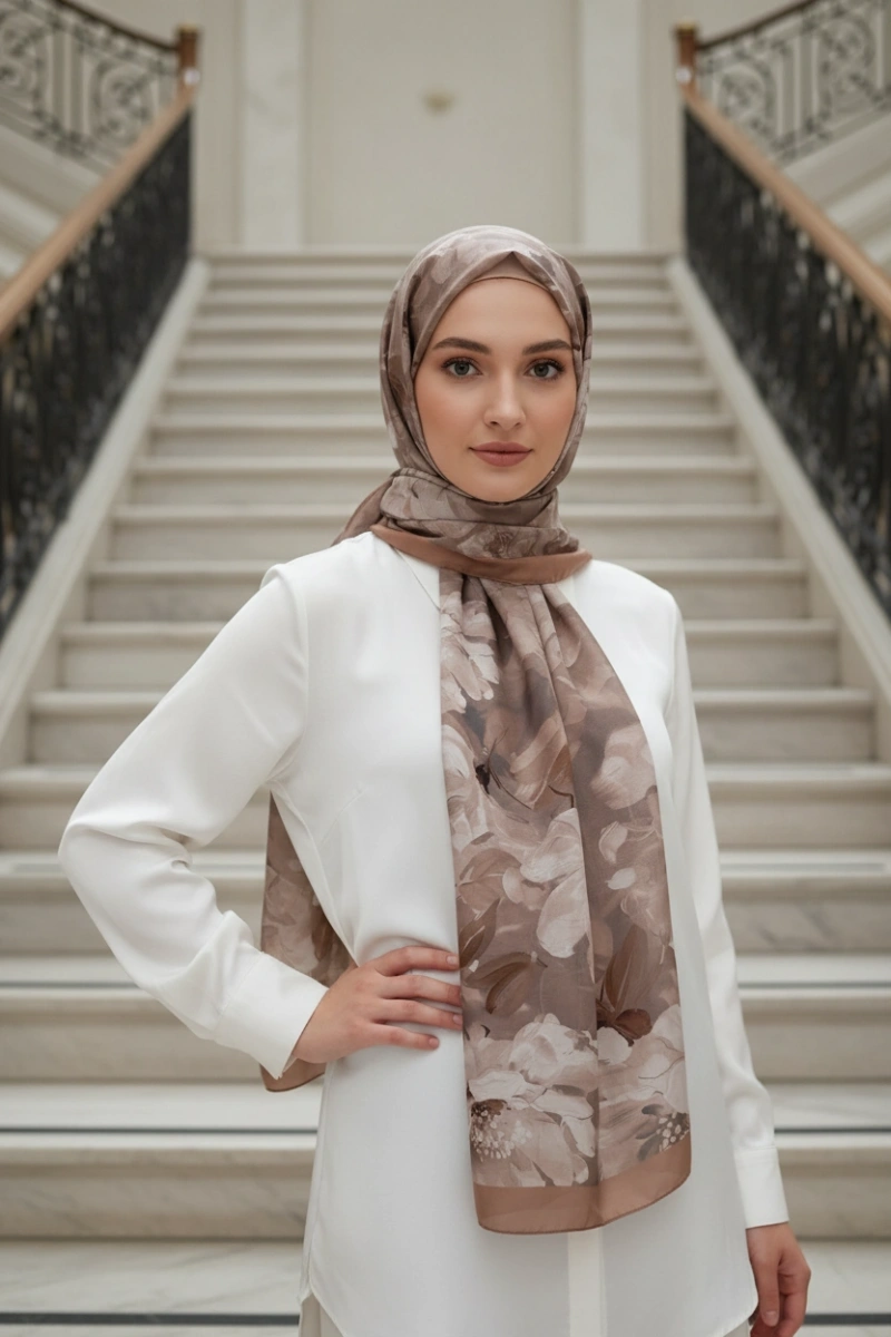 Sedef Model Retro Desen Şal - Kahve Bej