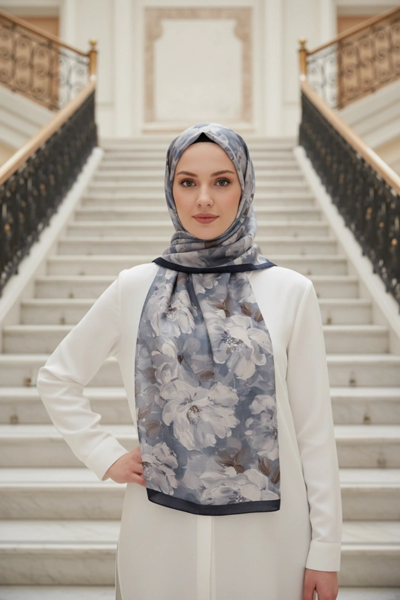 Sedef Model Retro Desen Şal - Lacivert