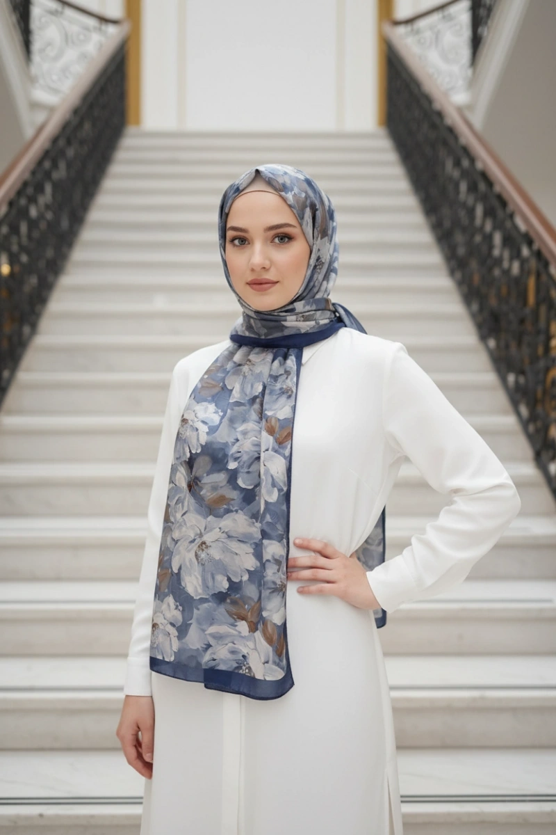 Sedef Model Retro Desen Şal - Mavi