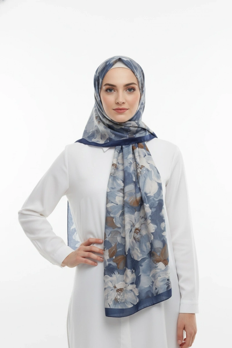 Sedef Model Retro Desen Şal - Mavi